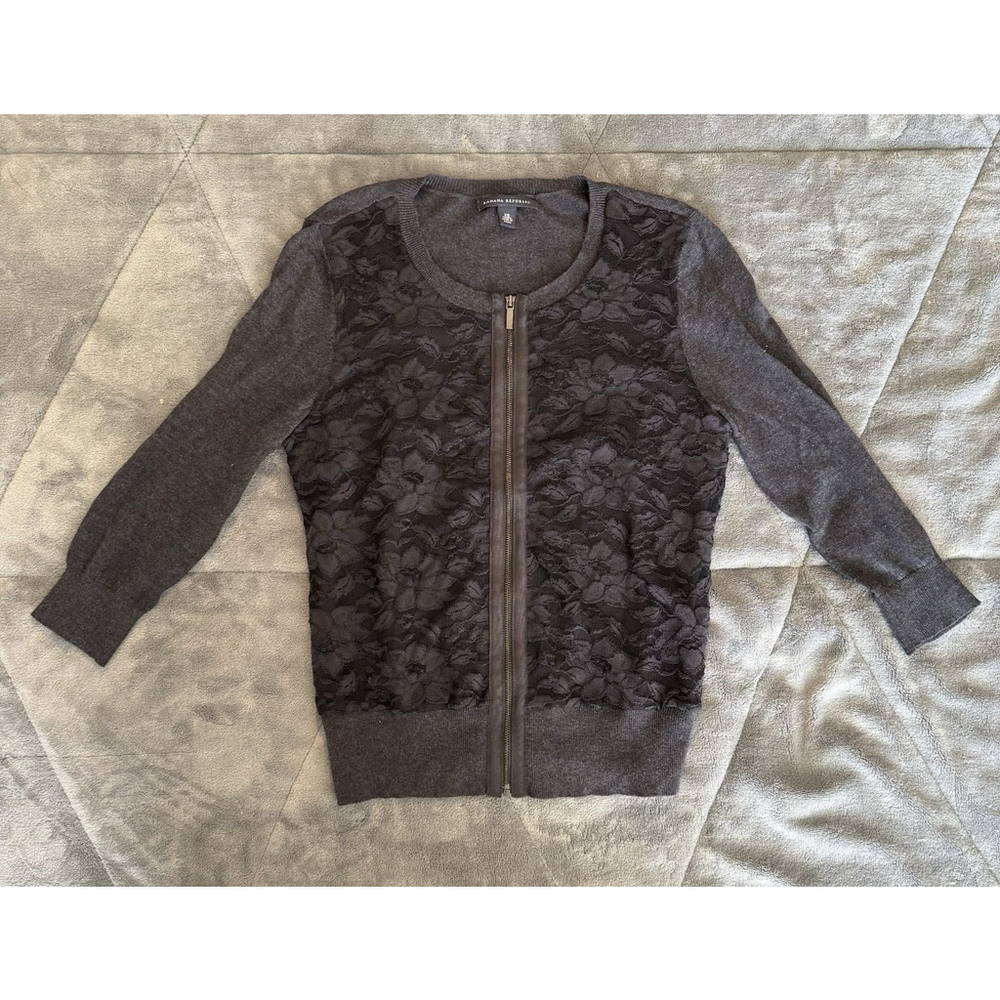 Banana Republic Women's Petite Lace Zip Up Cardigan Chic Sweater 3/4 Sleeve XS